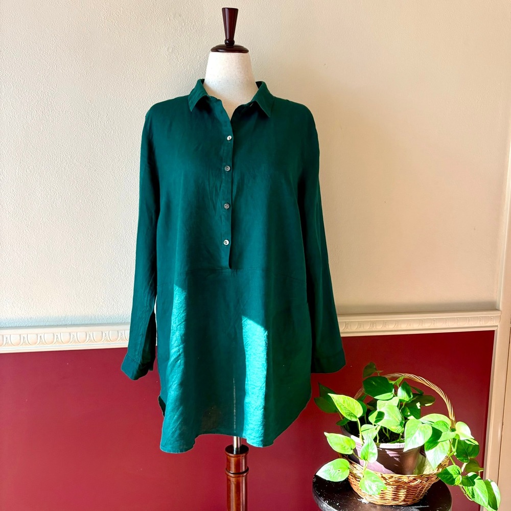 J.Jill Love Linen Hunter Green Popover Tunic Top Size L Roll Tab Pockets Relaxed